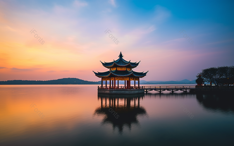 晚霞绚烂杭州西湖夕阳下聚贤亭,高清,摄影图,摄影图片,图片大全,摄影图免费下载